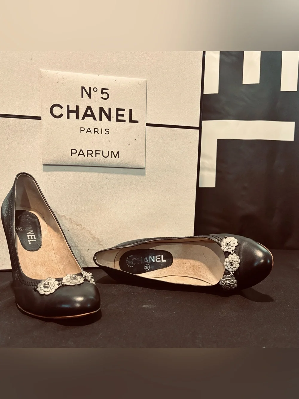 CHANEL Black Leather Floral Crystal-Embellished Pumps
